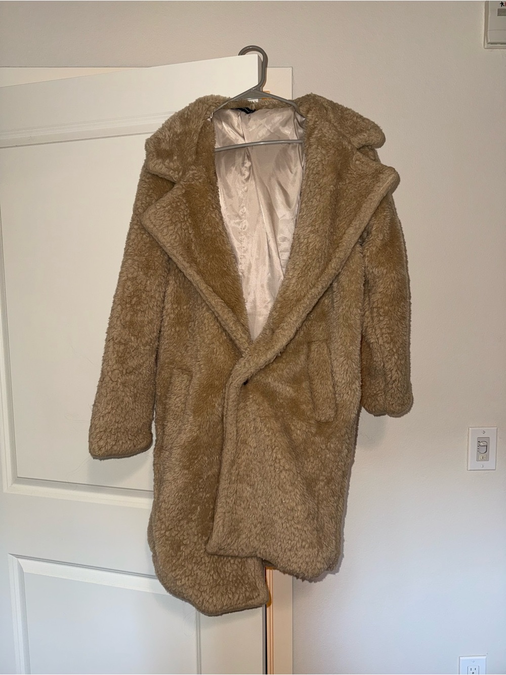 PrettyLittleThing Plush Teddy Coat in Camel Brown